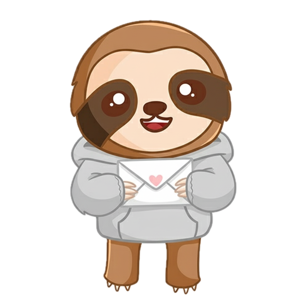 Cartoon sloth holding a letter with a heart on a white background