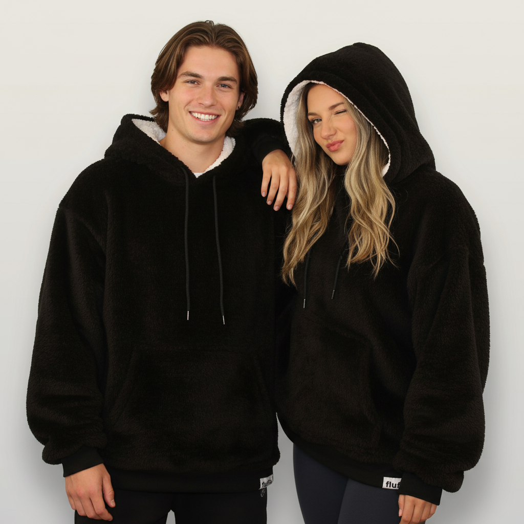 Man & woman wearing fluffy soft sherpa hoodies in black