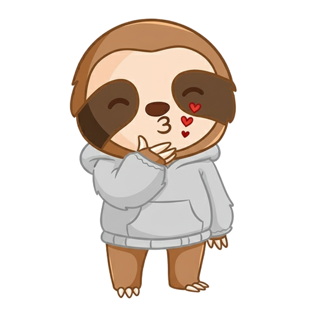 Cartoon sloth wearing a gray fluffie hoodie, blowing a kiss with hearts