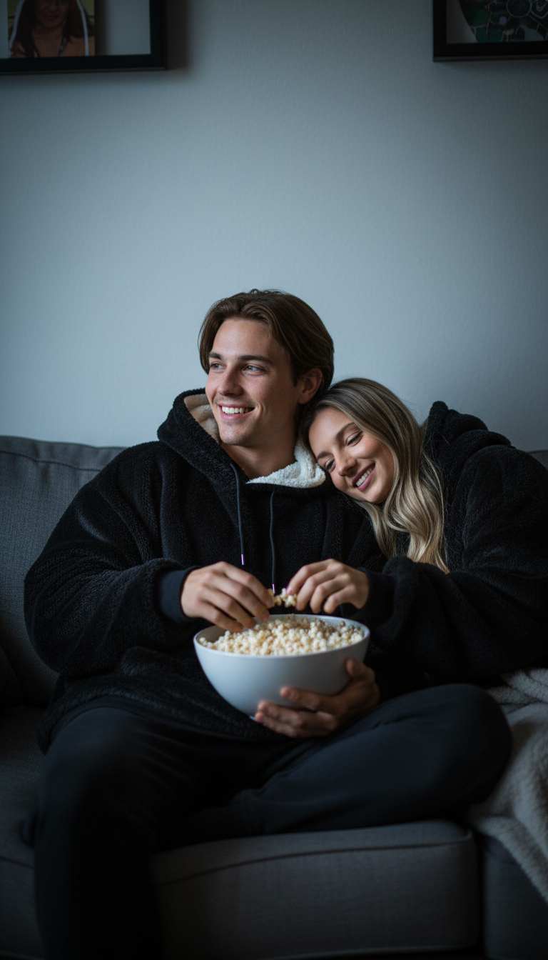 Couple wearing fluffie brand, black fluffy hoodies with white sherpa inside.