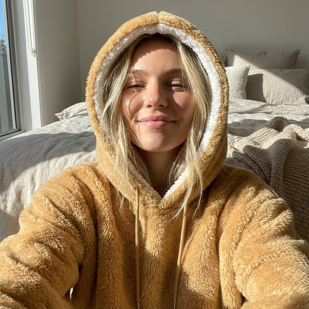 Girl wearing a brown fluffy sherpa hoodie sitting on a bed with sunlight streaming in